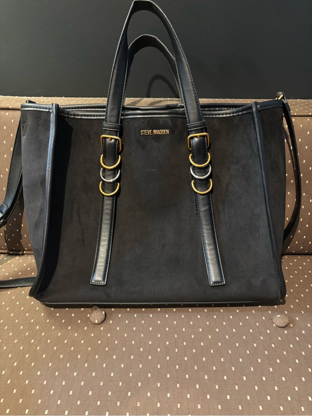 Steve Madden Black Suede Tote with Gold and Silver Ring Hardware